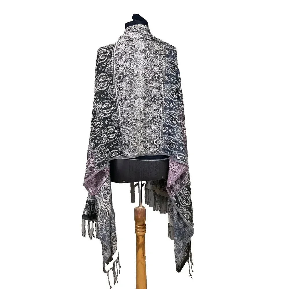 Chico's Wrap Shawl Stole Cardigan beaded black purple Fringed Hem approx26”x81”